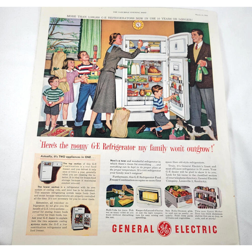 Vintage 1952 GENERAL ELECTRIC Refrigerator Appliance Ephemera 1950's Print Ad